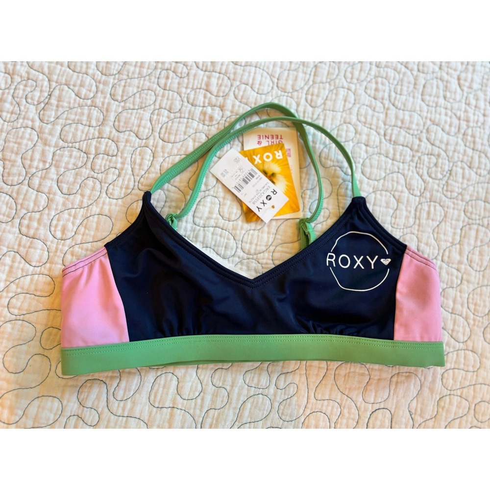 Roxy Girl Bikini Top Navy Pink Green Colorblock Adjustable Straps‎ Size 12
